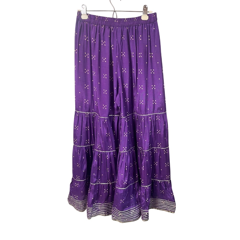 Purple Bandhani Print Sharara Pants Silver Gota Patti Tiered Wide Leg Size 42